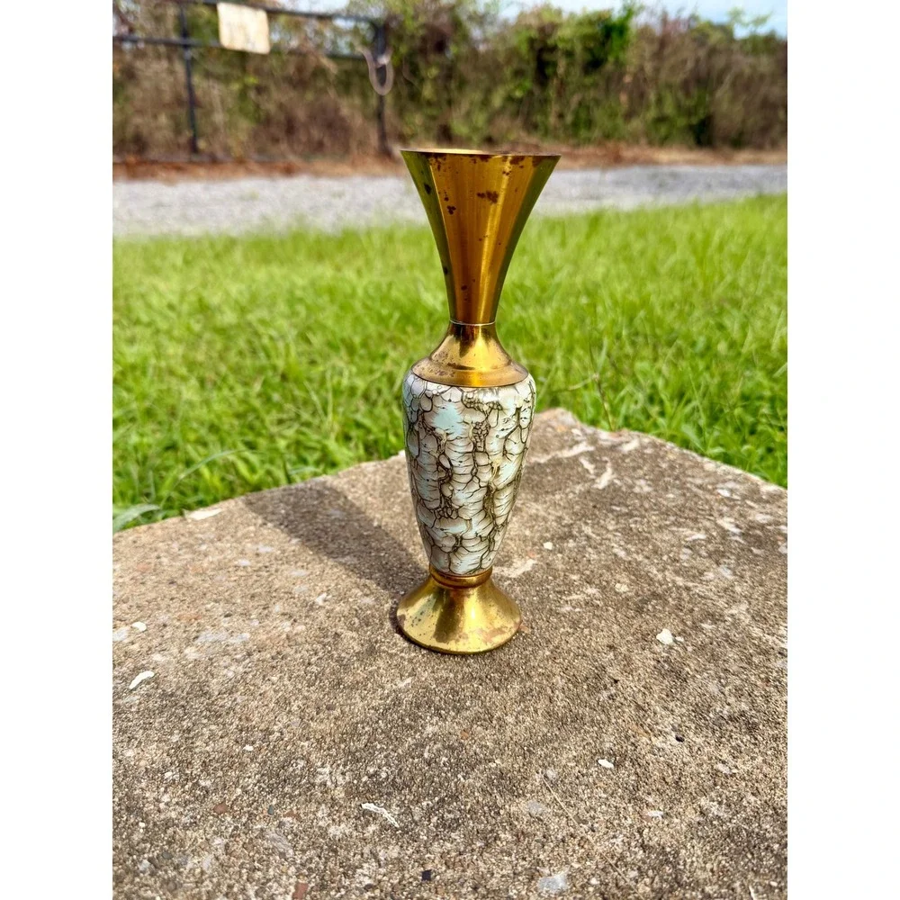 Vintage Old Dutch Delft Brass and Crackle Glaze Bud Vase Made in Holland 8 inch